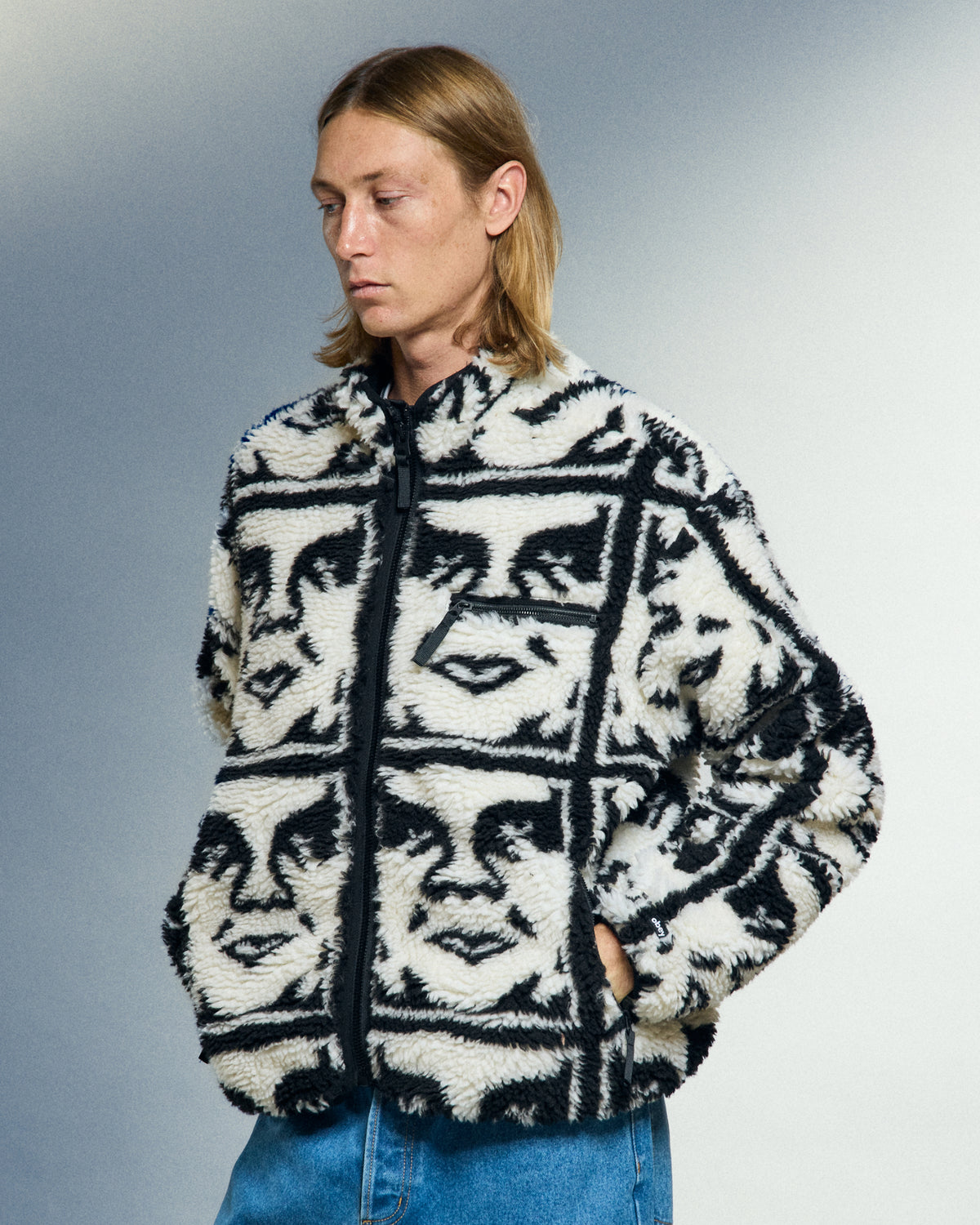 REPEATED ICON SHERPA JACKET - BLACK MULTI