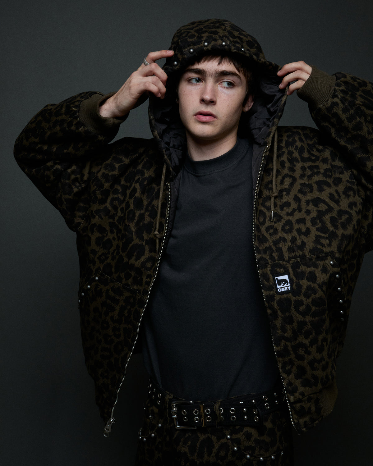 STUDDED ZIP UP JACKET - DARK LEOPARD