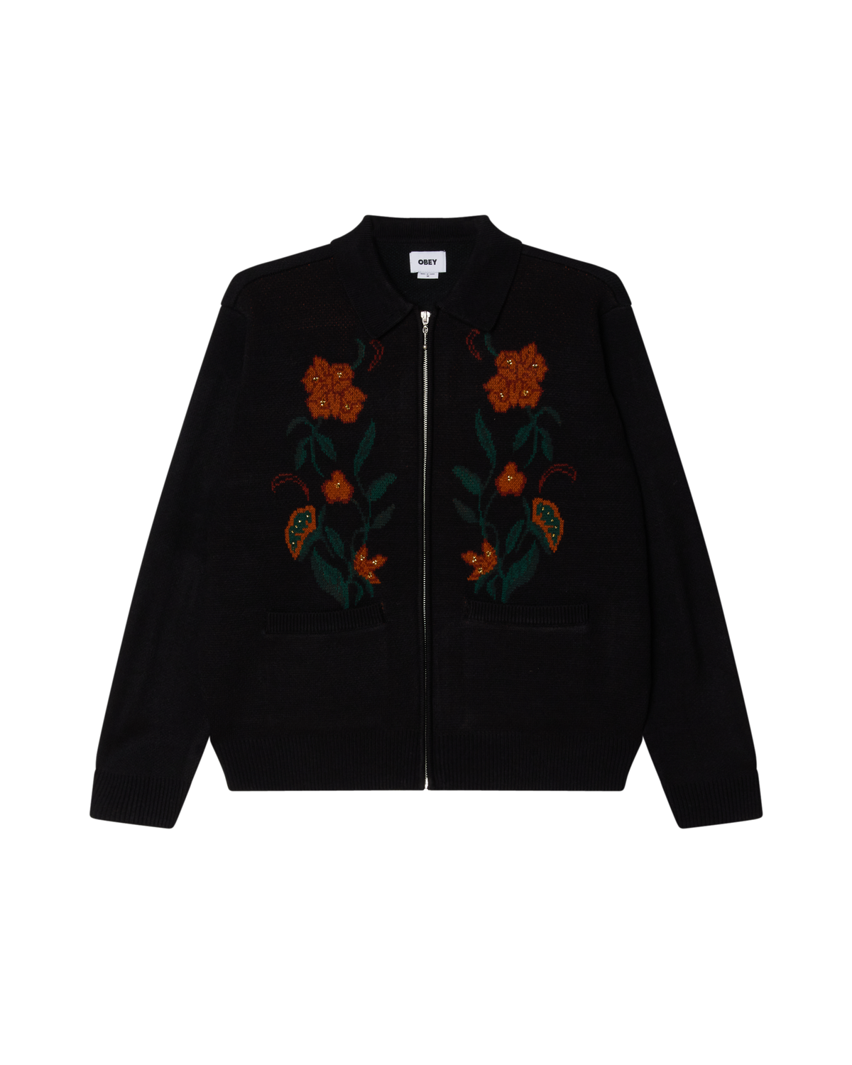 OBEY FLORAL ZIP CARDIGAN - BLACK