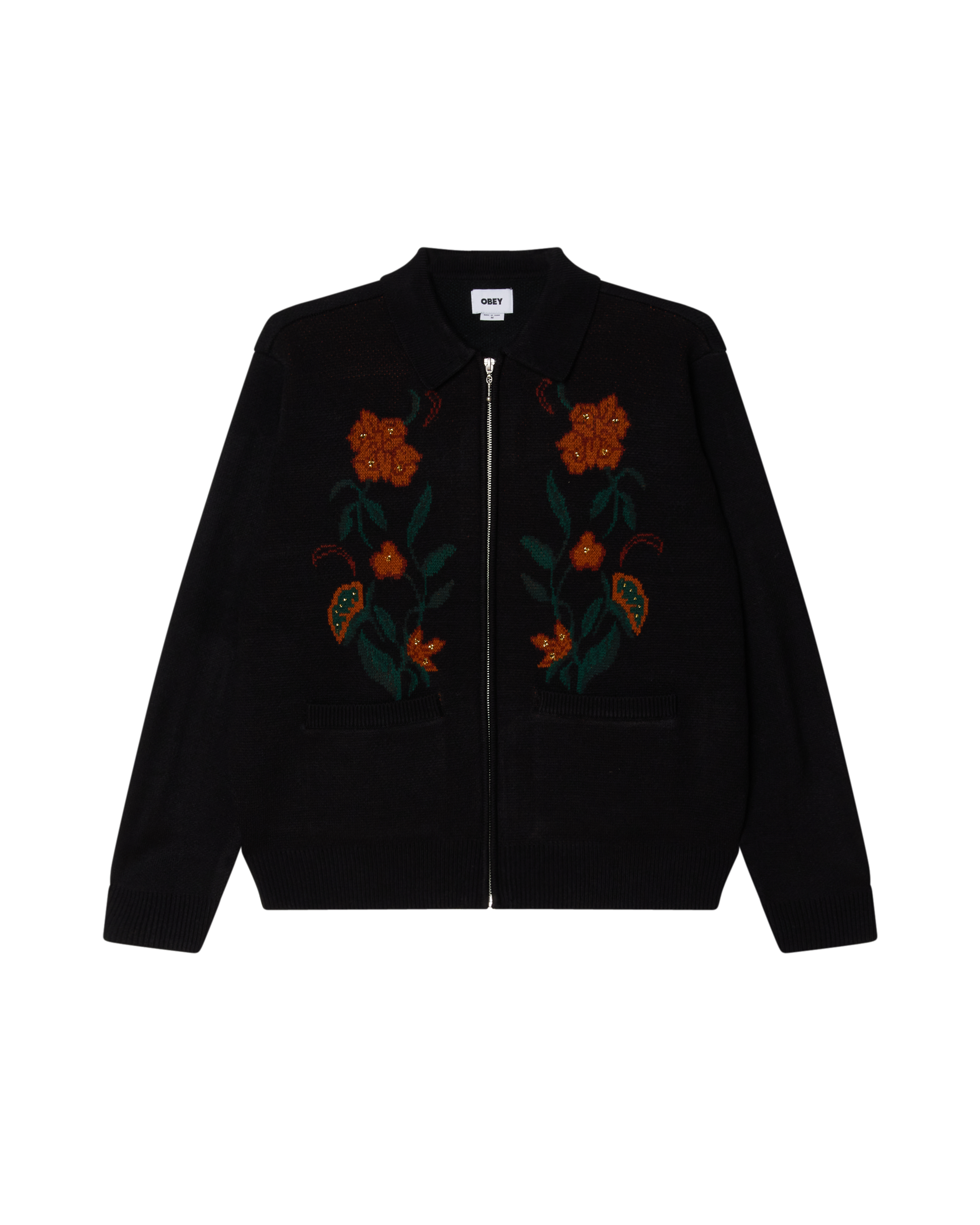 OBEY FLORAL ZIP CARDIGAN - BLACK