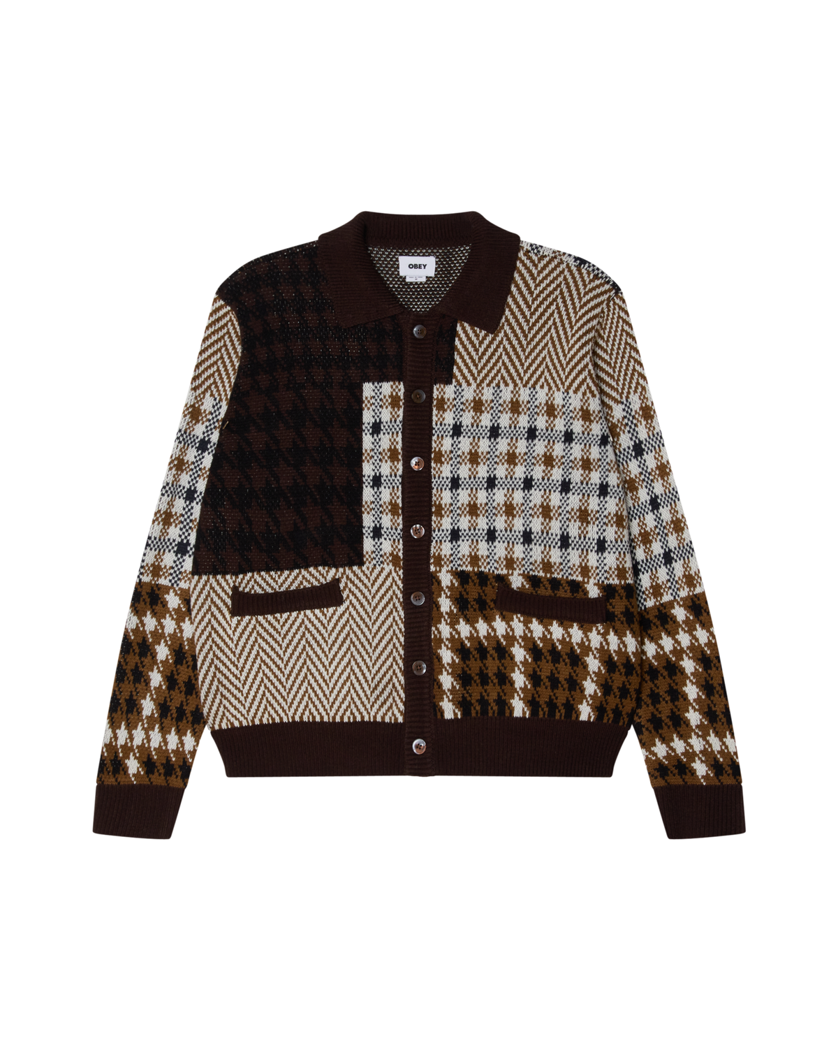 OBEY PATCHWORK CARDIGAN - BROWN MULTI