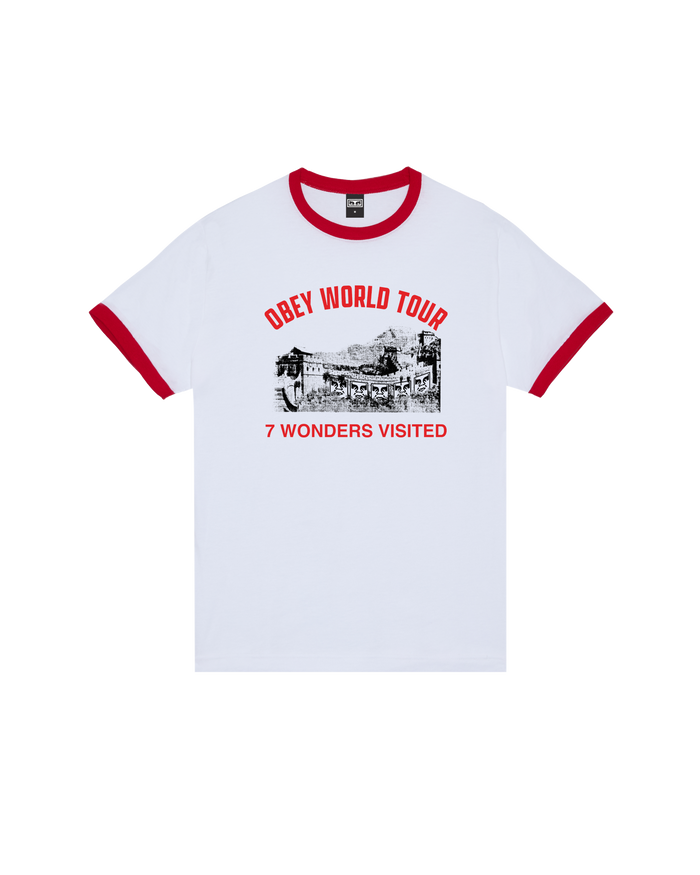 7 WONDERS VISITED RINGER T-SHIRT - WHITE / RED