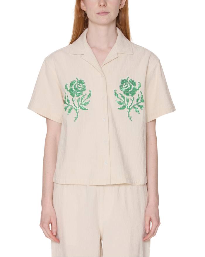 ROSES EMBELLISHED SS SHIRT - NATURAL