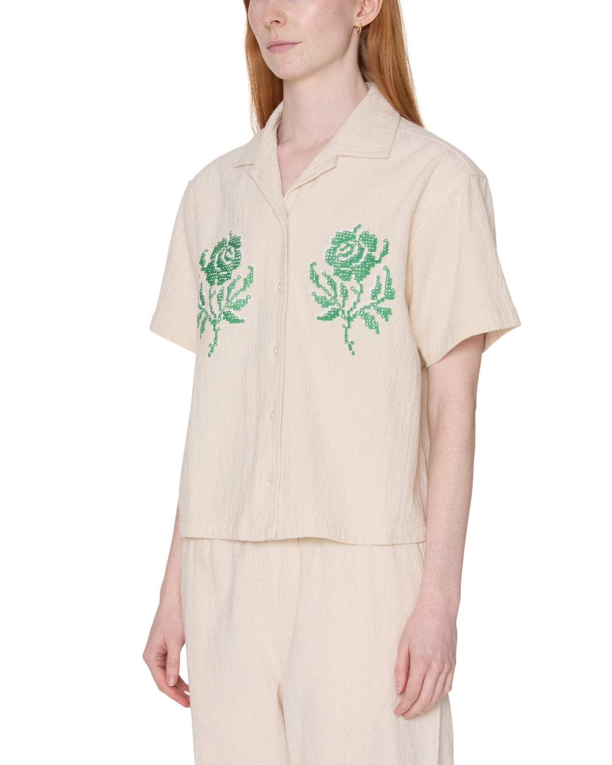 ROSES EMBELLISHED SS SHIRT - NATURAL