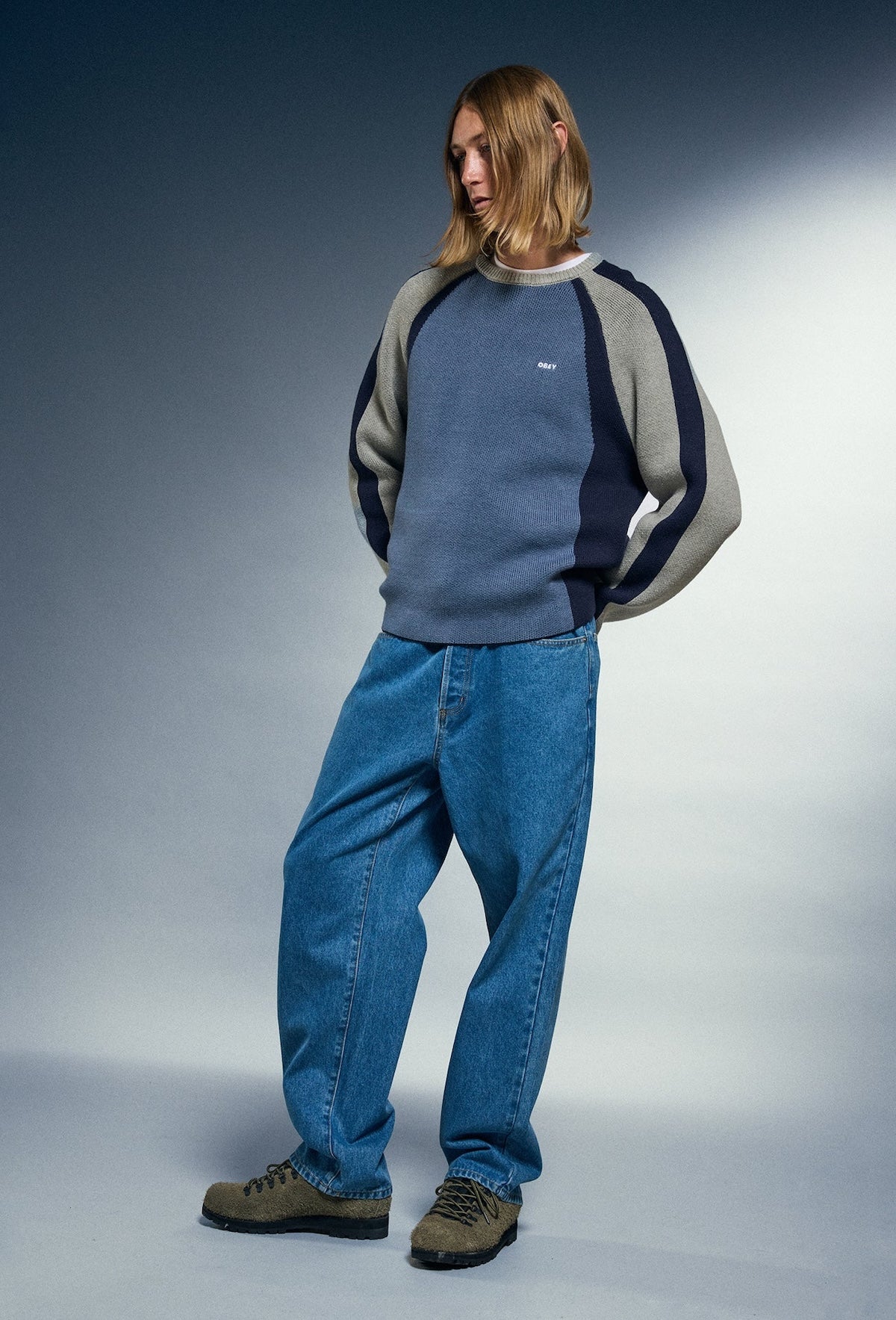 RAGLAN CREW NECK SWEATER - DULL BLUE MULTI