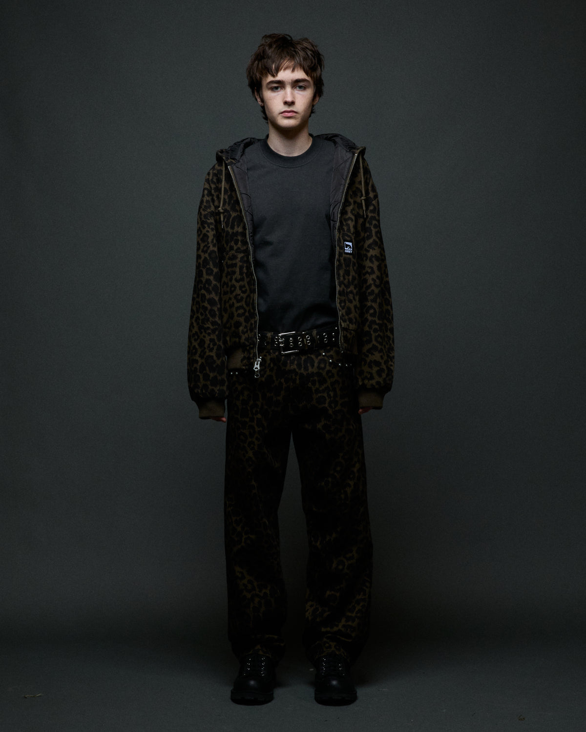 STUDDED ZIP UP JACKET - DARK LEOPARD