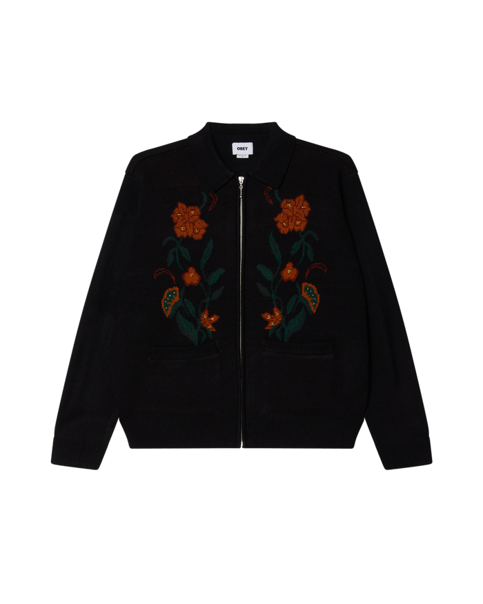 OBEY FLORAL ZIP CARDIGAN - BLACK