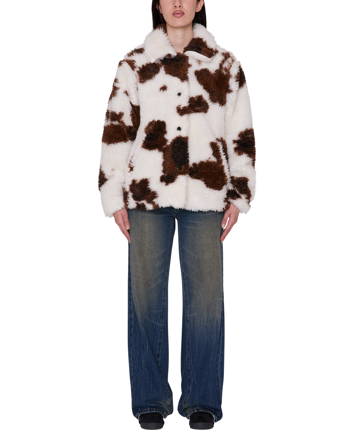 NOLIE SHERPA SHORT COAT - COW PRINT