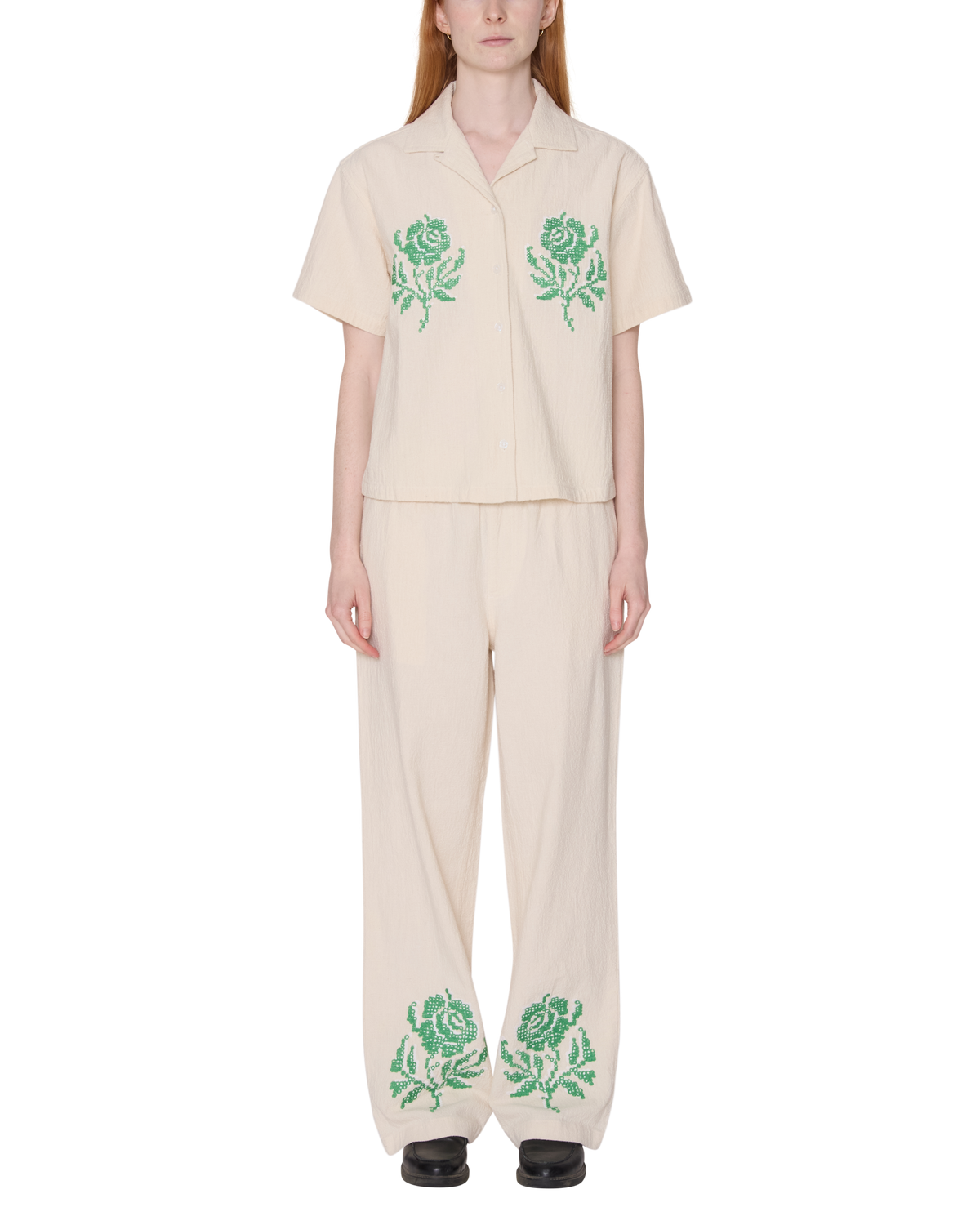 ROSES EMBELLISHED SS SHIRT - NATURAL