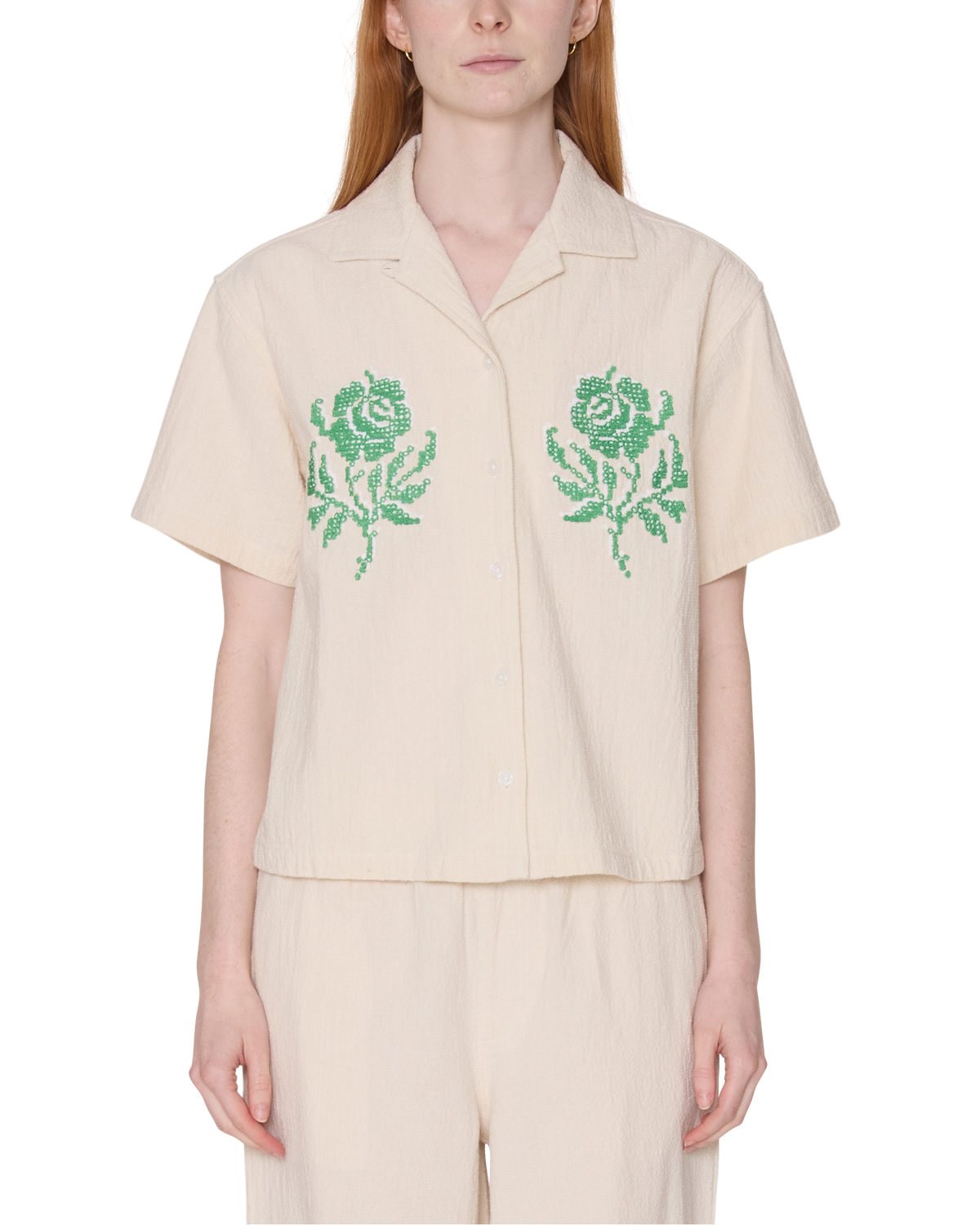 ROSES EMBELLISHED SS SHIRT - NATURAL