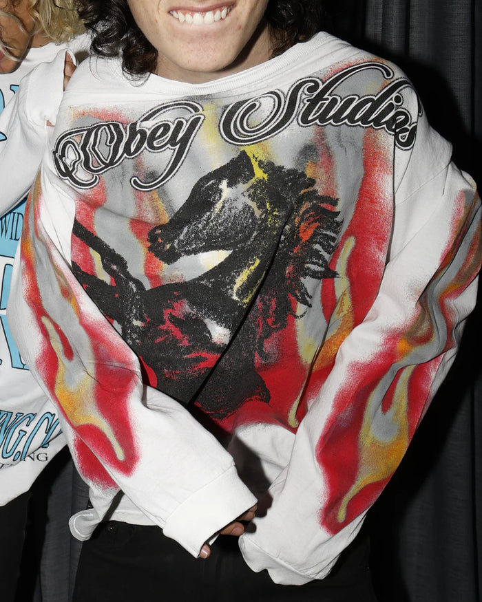 OBEY STUDIOS HORSE LS VINTAGE T-SHIRT - WHITE